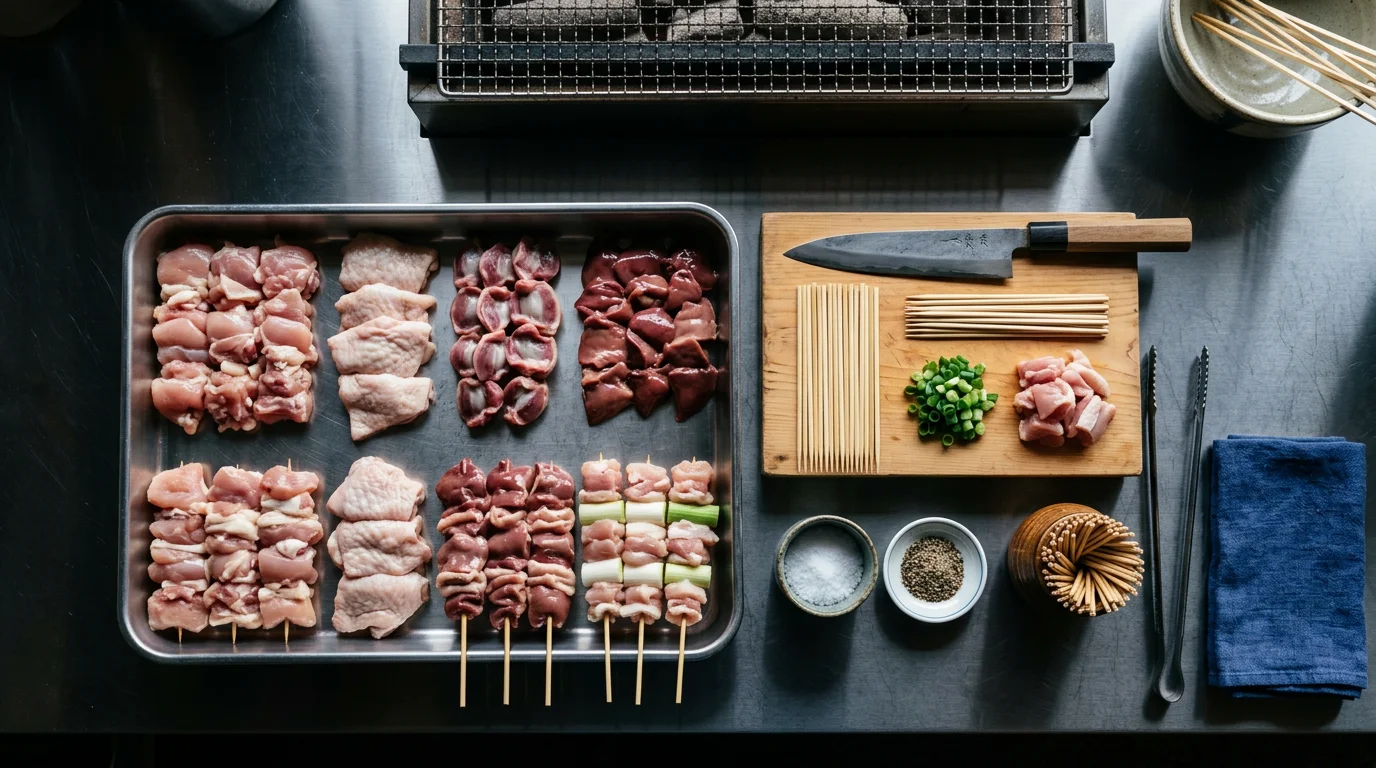 竹かごに並べた鶏肉と炭火焼きに使う調理道具を上から撮影した様子