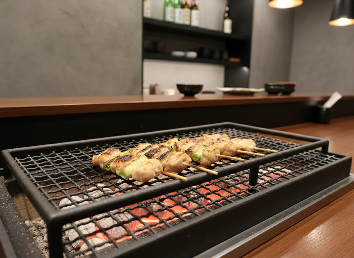 炭火の上で焼き目が付いたねぎまの串を網越しに撮影した料理写真