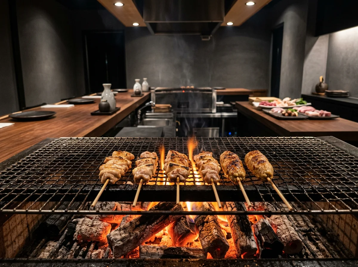 炭火の炎の近くで焼き色が付き始めた鶏肉の串を焼き網越しに写した写真