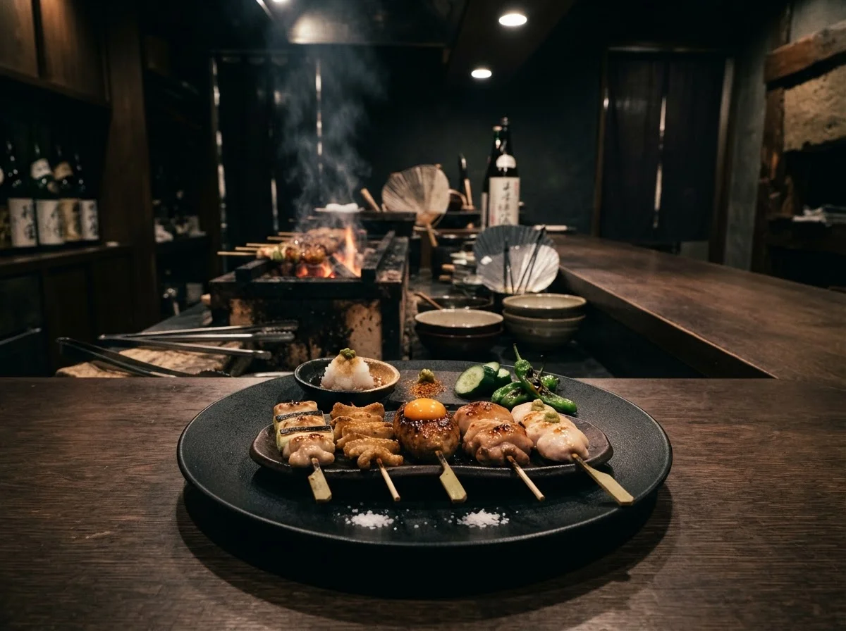 黒い器に焼き鳥と季節の添え物を整えて盛り付けた料理写真