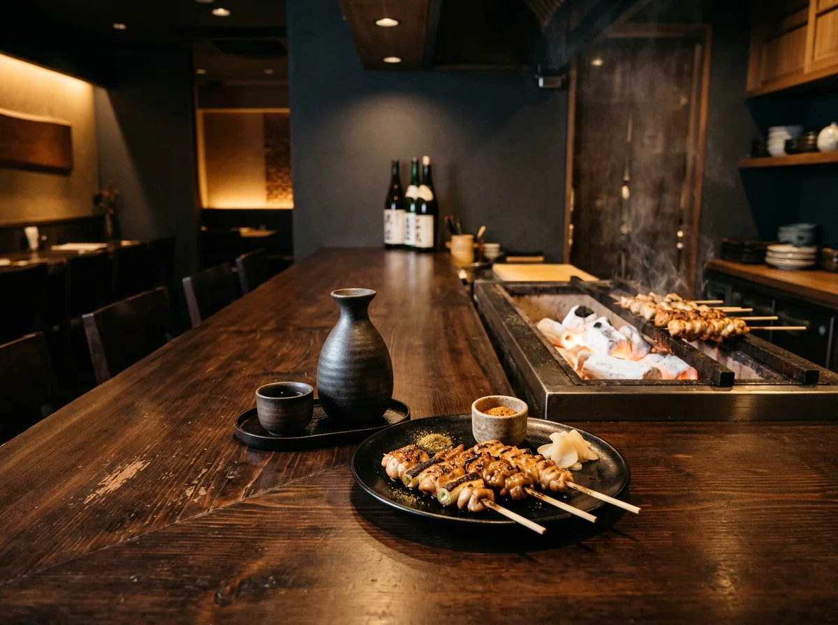 木のカウンターに置かれた日本酒の徳利と焼き鳥の串皿を斜めから撮影した食卓