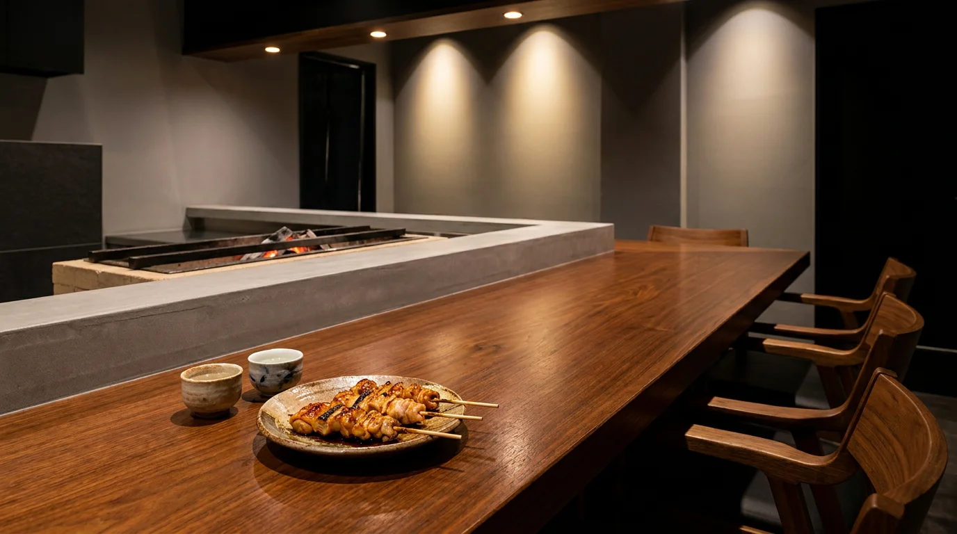 炭火焼鳥の串皿と日本酒の杯が並ぶ木のカウンター席