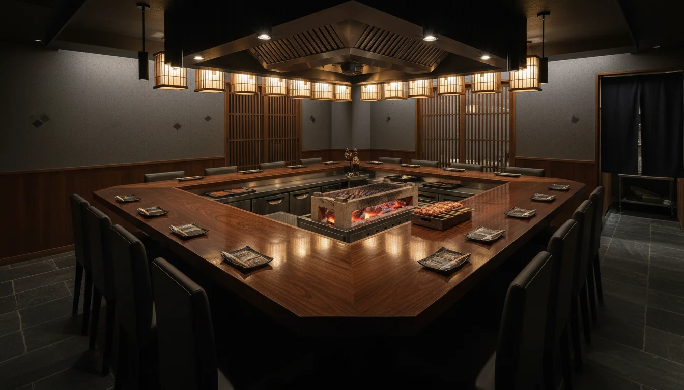和の照明に照らされた焼鳥店の木製カウンターと整えられた席